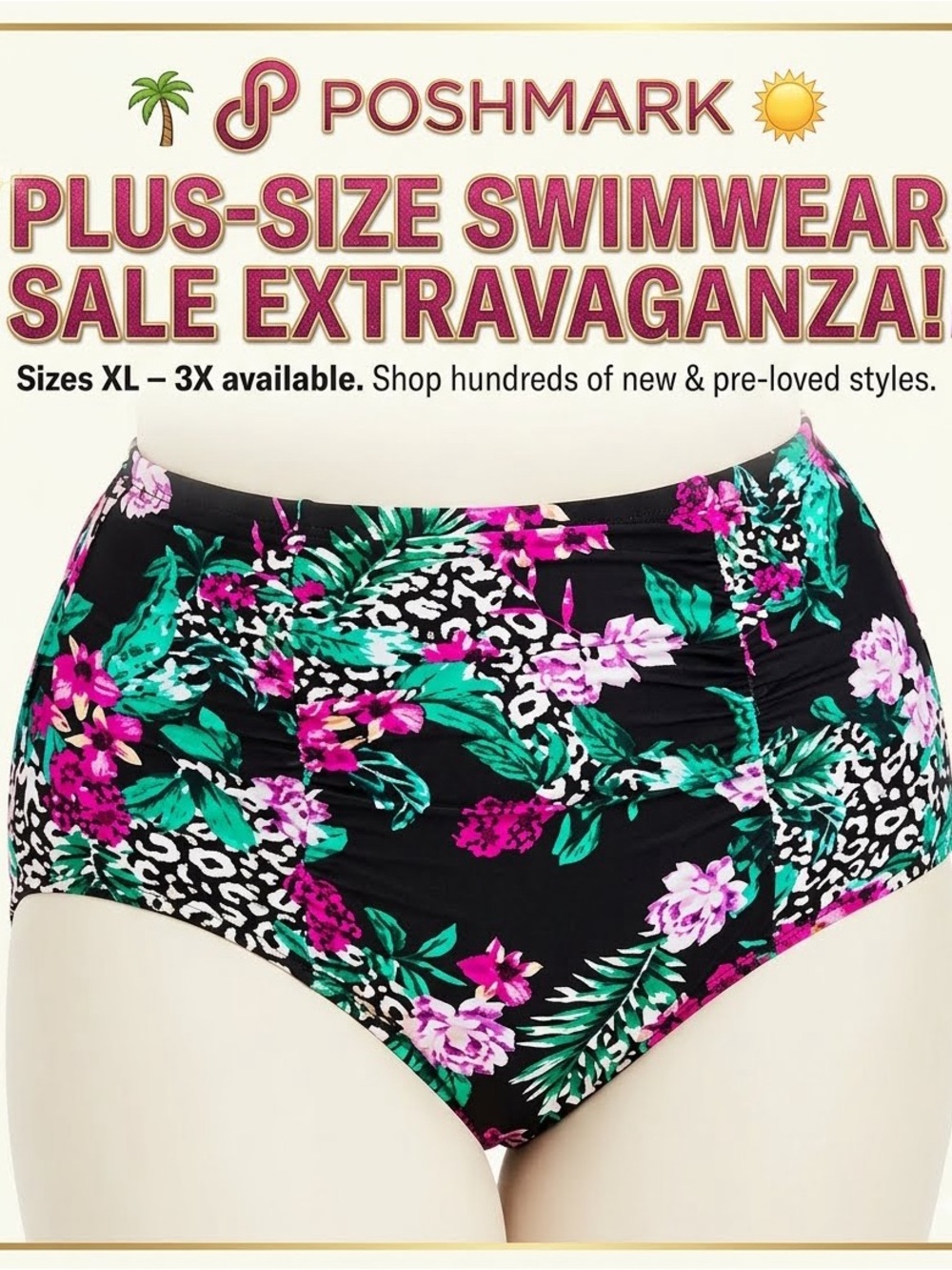 Plus-Size High-Waist Floral Swim Bottoms - Black/Pink
